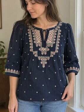 Anthro Vanessa Virginia Navy Blue Embroidered Peasant Blouse Boho Tassel Top XS